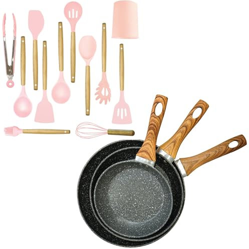 AEX Lot de 3 poêles à frire antiadhésives (20 cm, 24 cm, 28 cm) avec poignées en bois et 12 ustensiles de cuisine en silicone résistant à la chaleur avec support, rose pastel, ensemble complet de