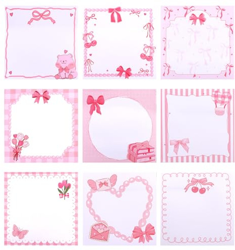 Exipsat 9 Blöcke Schleifen Haftnotizen Set, Rosa Süße Selbstklebende Notizzettel, Wiederverwendbare Klebezettel für Büro, Schule und Zuhause, 7,62 x 7,62 cm