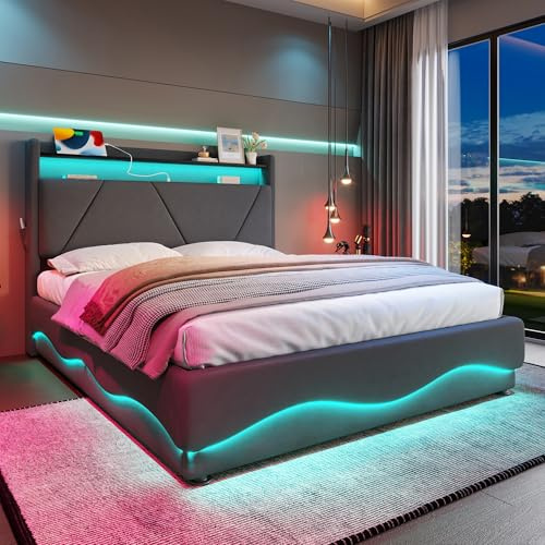 LTGB 4ft6 Upholstered Double Bed with LED Headboard, Hydraulic Storage Bed, Quiet Gas-Lift Slatted Storage Base & USB Ports, Fabric Platform Bed with Shelves, Side Pockets, 135x190cm, Gray