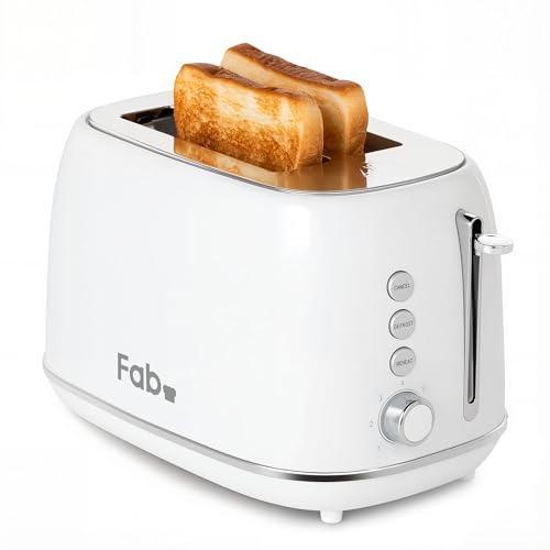 Fab by Kitchen in the box Toaster 2 Slice Extra Wide Slot, 7-Level Browning | Stainless Steel Toaster with Defrost, Reheat & Cancel Functions, Removable Crumb Tray, 800W, Compact 2 Slice Toaster (White)