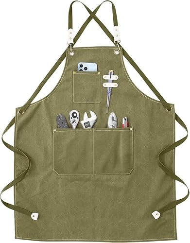 Qacpahucy Grembiule da cucina in tela, grembiule da barbecue e grembiule da lavoro con 3 tasche e tracolla regolabile, ideale per studio di pittura, parrucchieri e artisti