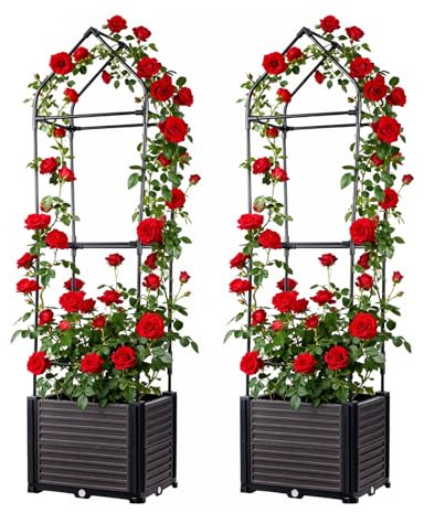 Garvee Lot de 2 bacs de Culture surélevés avec Treillis - Jardinière Verticale Auto-arrosante - Support Acier, 40x40x150cm - pour tomates, légumes grimpants, Fleurs, Herbes