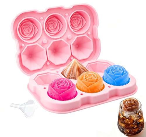 KIBBEH Molde de cubitos de hielo de silicona, 2 pulgadas grande de rosas y diamantes con tapa, molde reutilizable de silicona para cubitos de hielo para whisky, cócteles, zumo, fácil de desmoldar