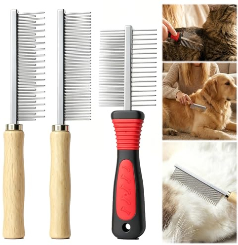 Thhiit 3 Pcs Grooming Combs for Cats Dogs, Metal Detangling Pet Hair Comb with Stainless Steel Teeth