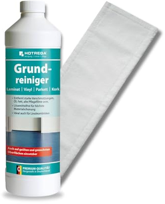 HOTREGA Grundreiniger Konzentrat 1 L | Bodenreiniger für Laminat & Parkett | Intensivreiniger gegen Fett & Schmutzschichten | Inkl. 40 cm Microfasermopp | Für Vinyl, Kork, PVC, Gummi & Linoleum