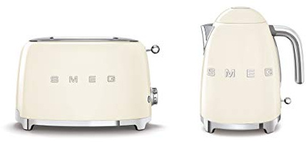 Smeg 50’s Style Retro Range Breakfast Set, 0.8L 1400W Mini Kettle and Multi-Functional Control 2-Slice 950W Toaster, Cream, EEJB110