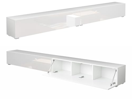 PLATAN ROOM Fernsehschrank TV-Lowboard 105/140 / 160/210 / 280 In Weiß Hängend Oder Stehend Hochglanz Matt (280 x 30 x 32, Weiss Matt/Weiß Hochglanz)
