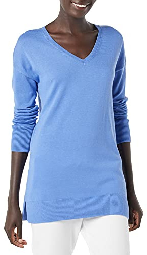 Amazon Essentials Women's Regular Fit Lightweight V-Neck Tunic Sweater, Long Sleeve, Blue, X-Large