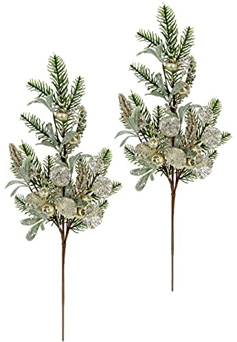 Künstlicher Mixed-Zweig Tanne Mistel mit Beeren und Blättern Koniferen mit Glitzer Dekozweig Beerenzweig Kunstblume Zweig Blumen Kunstzweig Stielblume Dekoration für Girlande Kranz Weihnachtsdeko