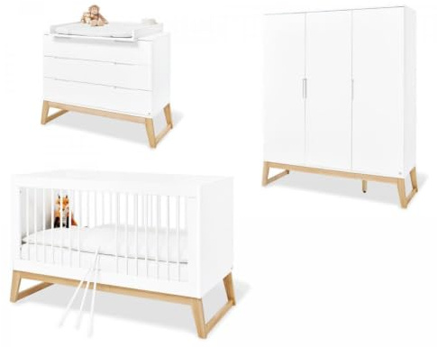 PINOLINO Bridge Kinderzimmer-Set 3-teilig in Weiß/Esche I Kinderbett, extrabreite Wickelkommode & Kleiderschrank I Komplettes Babyzimmer mit mitwachsendem Design und Soft-Close-System