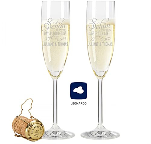 Leonardo Sektgläser mit Gravur im Set - Schön dass es dich gibt Design - Personalisiert mit Namen & Datum - Geschenk zur Hochzeit, Verlobung oder Jahrestag - Hochzeitsgeschenk - Farbe: Im Set