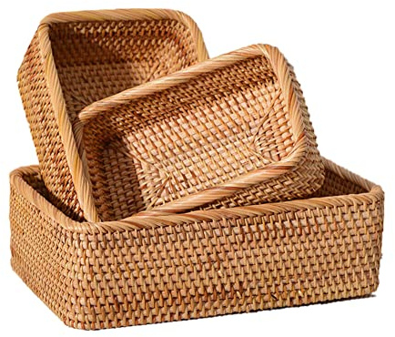 Uposao Rectangular Rattan Storage Baskets Organizer Box Stackable Woven Wicker Box Home Decor Fruit Plate Picnic Basket for Kitchen, Bedroom, Bathroom, Home, Office, 3Pcs