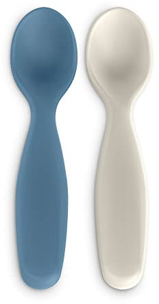 Suavinex, Pack 2 Cucharas Infantiles, para Bebés. Aptas para Encías Sensibles. Ideal para Papillas y Potitos. Aptas Para Lavavajillas. Para Bebés +6 Meses, Azul + Gris