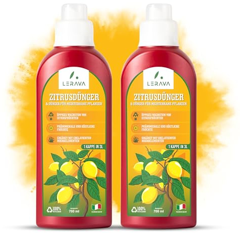 LERAVA® zitrusdünger flüssig - 2 x 700ml mit Dosierkappe - zitruspflanzendünger für üppiges Wachstum mit gesunden, saftigen Früchten - mit chelatierten Spurenelemente - Flüssigdünger “Made in Italy”
