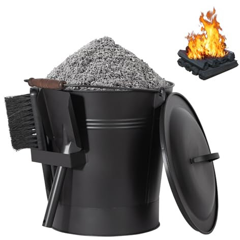 Todeco Secchio per Cenere in Metallo 24 L con Coperchio, Paletta & Spazzola, Resistente al Calore, Manico in Legno, per Camino, Stufa a Legna, Focolare, Barbecue e Campeggio, Nero