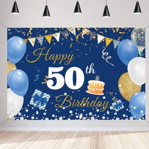 50. Geburtstag Deko Männer/Frauen, 50 Geburtstag Banner Blau Stoff Schild Plakat Hintergrund Banner Mann Geburtstagsfeier Deko