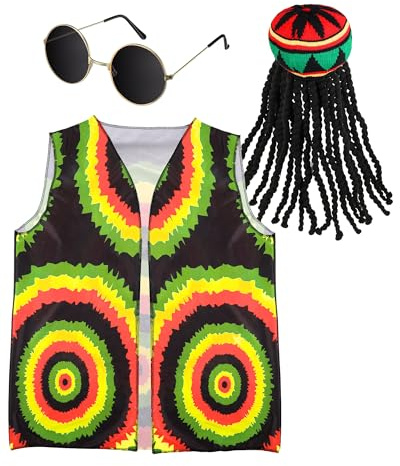 Hestya 3 Stück Halloween Hippie Kostüm Zubehör Hippie Mütze mit Schwarzer Dreadlocks Perücke Unisex Weste Brille für Erwachsene Cosplay Party Geschenke