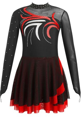 YiZYiF Kinder Mädchen Eiskunstlauf Kleid Langarm Tanzkleid Glitzer Ballett Trikot Rollschuhkleid Turnanzug Wettbewerb Tanzkleidung Rot_I 134-140