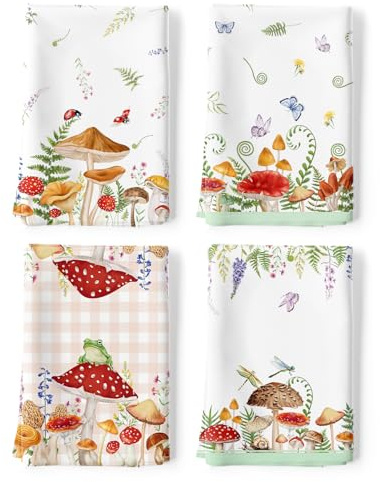 Arquiel Pilze Geschirrtücher 100% Baumwolle 4er-Set 48 x 70 cm | Küchentücher 48 x 70 cm Leichtes Gewebe Grüne Tannen Muster, Pflegeleicht Küchenhandtuch Dekorative Geschenk