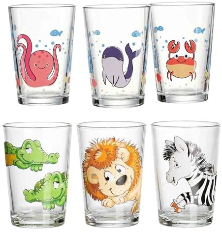 Ritzenhoff & Breker Kindergläser Unterwasserwelt & Happy Zoo, 6er Set, 205 ml, Bedruckte Kinderbecher mit Tiermotiven, Spülmaschinengeeignet