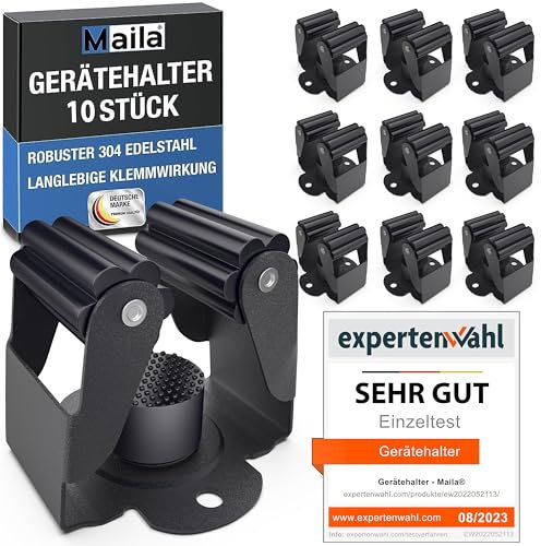 Maila® Gerätehalter (10er Set, Schwarz) - Robuster 304er Edelstahl rostfrei - Besenhalterung Wand mit starker Klemmwirkung, Wandhalterung für Besen, als Werkzeughalter