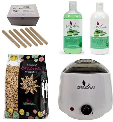 Dermawax Profi Waxing Set zur Haarentfernung 1000 ml Wachswärmer Made in Spanien 1 kg Gold Wachsperlen 500 ml Aloe Vera Vorbehandlungslotion 500 ml Aloe Vera Nachbehandlungsmilch 200 Stück Holzspatel
