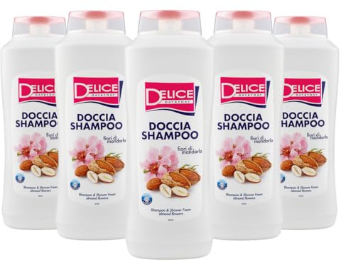 Delice Doccia Shampoo ai Fiori di Mandorlo, Detergente, per Tutti i Tipi di Pelle e Capelli - 5 Pezzi x 650 ml