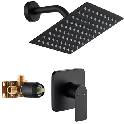 Black Shower Faucet Single Function Trim Kit with Rough-in Valve Set Bath Rainfall Shower System 8inch Square Stainless Steel Metal Shower Head