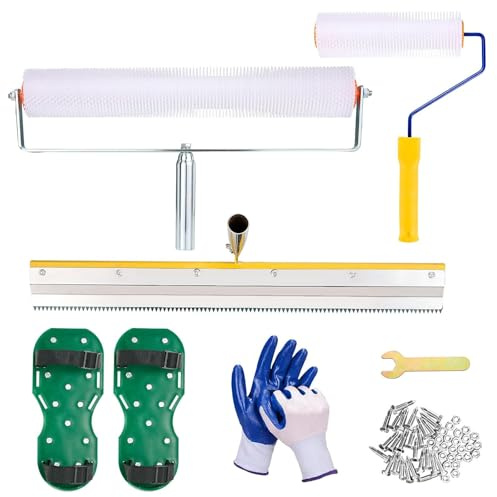 WAEPE Professional Self-Levelling Cement Tool Kit - Self Leveling Tools with 22 Stainless Steel Rake, 2 Spike Roller, Spike Shoes & Gloves for Concrete/Epoxy Floor Leveling