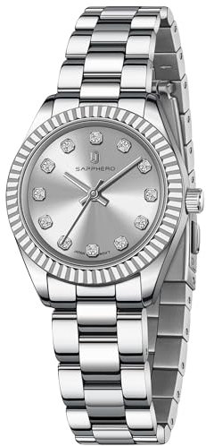 SAPPHERO Armbanduhr Damen Analog Quarz Damenuhr mit Edelstahlarmband 30mm Gehäusegröße Kristall Dekoration 5ATM Wasserdicht Uhr Geschenk für Damen Erhältlich aus Mehrfarbig