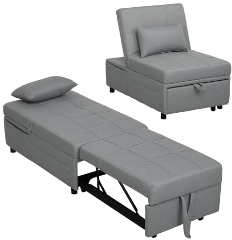 HOMCOM 3-in-1 Schlafsessel mit Bettfunktion, ausziehbares Schlafsofa, Schlafstuhl mit Seitentasche, Verstellbarer Rückenlehne, bis 150 kg belastbar, für Wohnzimmer,Schlafzimmer, Hellgrau