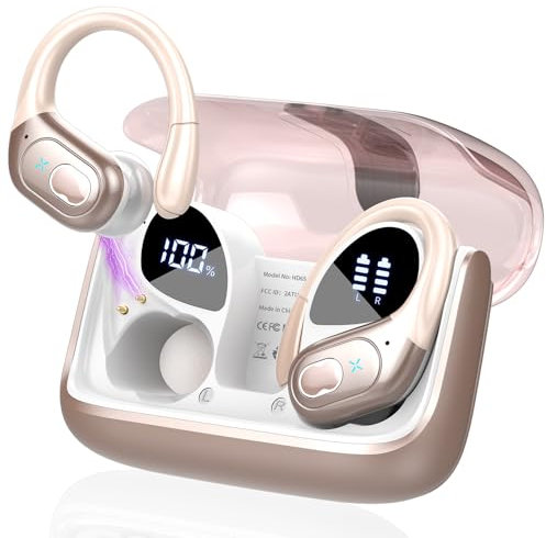 STECEi Wireless Earbuds, 75H Bluetooth 5.4 Headphones Sport with 4 ENC Noise Cancelling Mic, HiFi Stereo Wireless Earphones with Earhooks, IP7 Waterproof Ear Buds for Sport/Running/Gym, Rose Gold