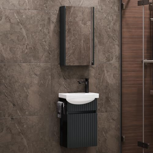 Planetmöbel Waschbecken mit Unterschrank 40 cm | Keramikwaschbecken und Spiegelschrank, Gäste WC Badmöbel Set, anthrazit matt