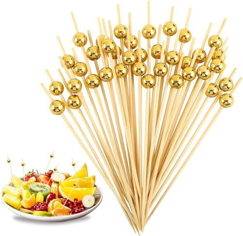 100 palillos de cóctel de madera natural con perla acrílica dorada, palillos de bambú, palillos de cóctel, aperitivos, palillos de comida para bar, fiestas, postres, barbacoas, aperitivos, brochetas