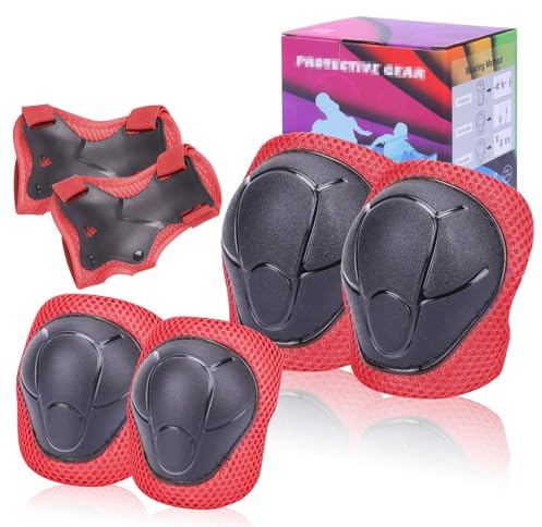 Kids Protective Gear Set SHENMOREN Knee Pads for Kids 3-10 Years Toddler Knee and Elbow Pads with Wrist Guards 3 in 1 for Skating Cycling Bike Rollerblading Scooter (red)