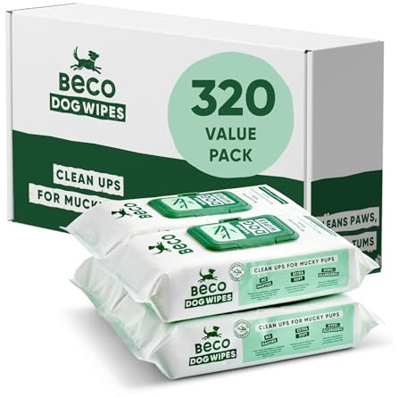Beco Lot de 4 Paquets de 80 lingettes pour Chien, sans Plastique, Non parfumées, pour Pattes, Corps et Fesses