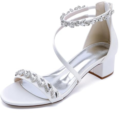 TNMIUH Sandales de Mariage Blanches, Strass Cristal, Talon Bloc Moyen, Bride Cheville Croisée, Escarpins de Mariée Ivoire pour Femme,Blanc,43 EU