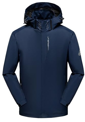 AMZSPORT Uomo Antipioggia Impermeabile Antivento con Cappuccio Leggera e Comprimibile Traspirante per Escursionismo,Corsa,Viaggi,Trekking,Blu L