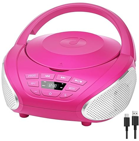 Gueray Lettore CD Portatile Boombox - Radio CD Compatto con Altoparlanti Stereo, Radio FM, Ingresso AUX 3.5 mm, Jack per Cuffie e Display LCD per Interni, Esterni, Viaggi & Audiolibri (Rosa + Argento)