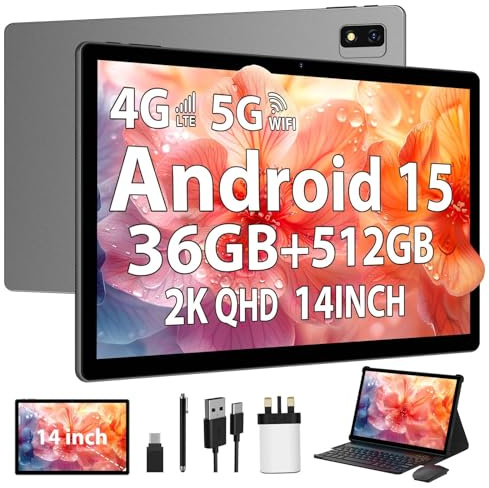 LINROM 2K Android 15 Tablet 14 INCH, 4G SIM Lte & 5G WiFi, 36GB RAM, 512GB ROM (2TB Expansion), 2000 * 1200, 11580mAh, Octa-Core 2.0GHz, 13MP+8MP, Tablet with Keyboard/GPS/Bluet 5.0 (Gray)