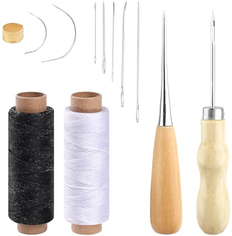 Deepton Ledergarn Ledernadel Set, Leder Nähset, 2 Rollen Sattlergarn Gewachst, Sattlernadel Nähnadeln Nähahle Fingerhut, Leder Werkzeug für Lederhandwerk, DIY Sewing, Reparieren