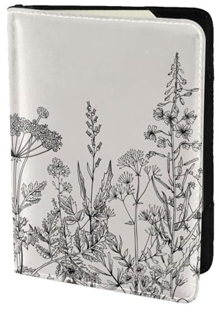 WOmeng Reisepasshülle für Damen und Herren, Motiv: Blumenkräuter, botanische Gravur, leicht, stilvoll, Schwarz , Einheitsgröße
