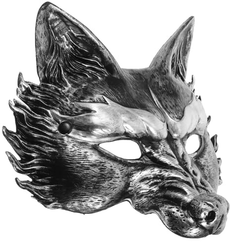 FONDOTIN Maschera da Lupo in Schiuma PU 3D Nera Dettagli Argento Mezza Maschera di Halloween Traspirante per Adulti Costume per Feste e Carnevale