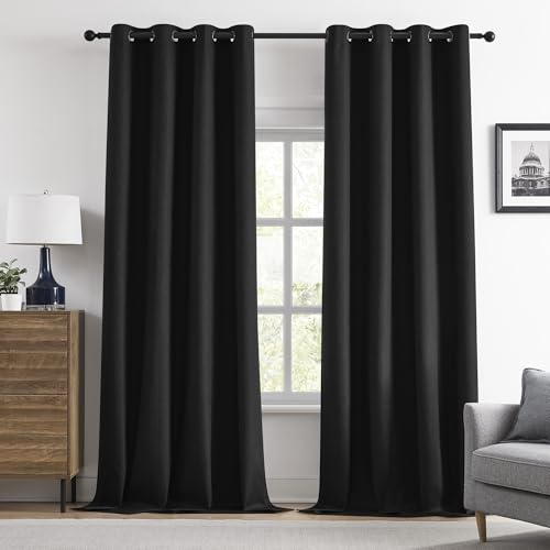 Black Linen Blackout Curtains 95 Inches Long for Bedroom, Noise Reducing Heat Blocking Grommet Drapes for Living Room, Full Blackout Lightweight Curtains Privacy Protection,Set of 2,52x95 Inch