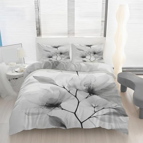Housse de Couette 240 x 260 Fleur Gris Imprimé, Parure de lit Peinture à l'Encre Réversible Microfibre avec Fermeture Éclair, 2 Personnes, Ensemble de Literie 3 Pièces et 2 Taies d'oreiller K140l
