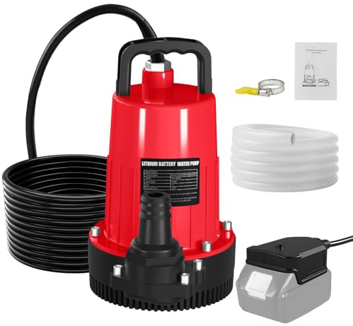 Pompe submersible sans fil pour batterie Milwaukee M18 18 V (sans batterie), débit 2800 l/h, hauteur de refoulement 12 m, câble de raccordement de 5 m, tuyau d'écoulement de 10 m, pour piscine, lits à