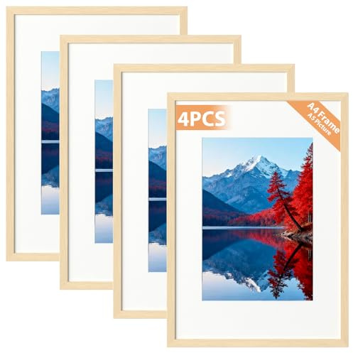 Alyvisun 4 Pack A4 Frame, A4 Picture Frames Display Pictures 14x20 cm with Mat or 19.7x29.3 cm Without Mat, Photo Frame Horizontal and Vertical Formats for Wall Hanging or Tabletop, Wood Grain