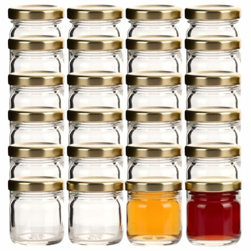 gouveo 24er Set Einmachgläser 40 ml (0,04 l) Mini mit Schraubverschluss goldfarben – Runde kleine Gläser zum Befüllen, Portionieren und Aufbewahren für Marmelade, Gewürze, Proben (EGR040G)