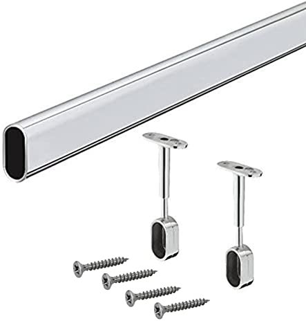 Gedotec Asta ovale per armadio 2000 mm con supporto centrale per montaggio a soffitto, asta per nicchia in metallo cromato, tubo per armadio 30 x 15 mm, 1 set di tubi per mobili per armadio