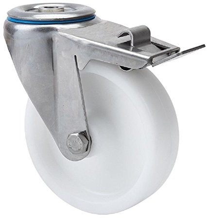 Transportgeräterolle Edelstahl 125 mm Rad aus Polyamid Rückenloch Lenkrolle totalfeststellbar V2A INOX Edelstahlrolle mit Totalfeststeller Bremse Stop Polyamidrad